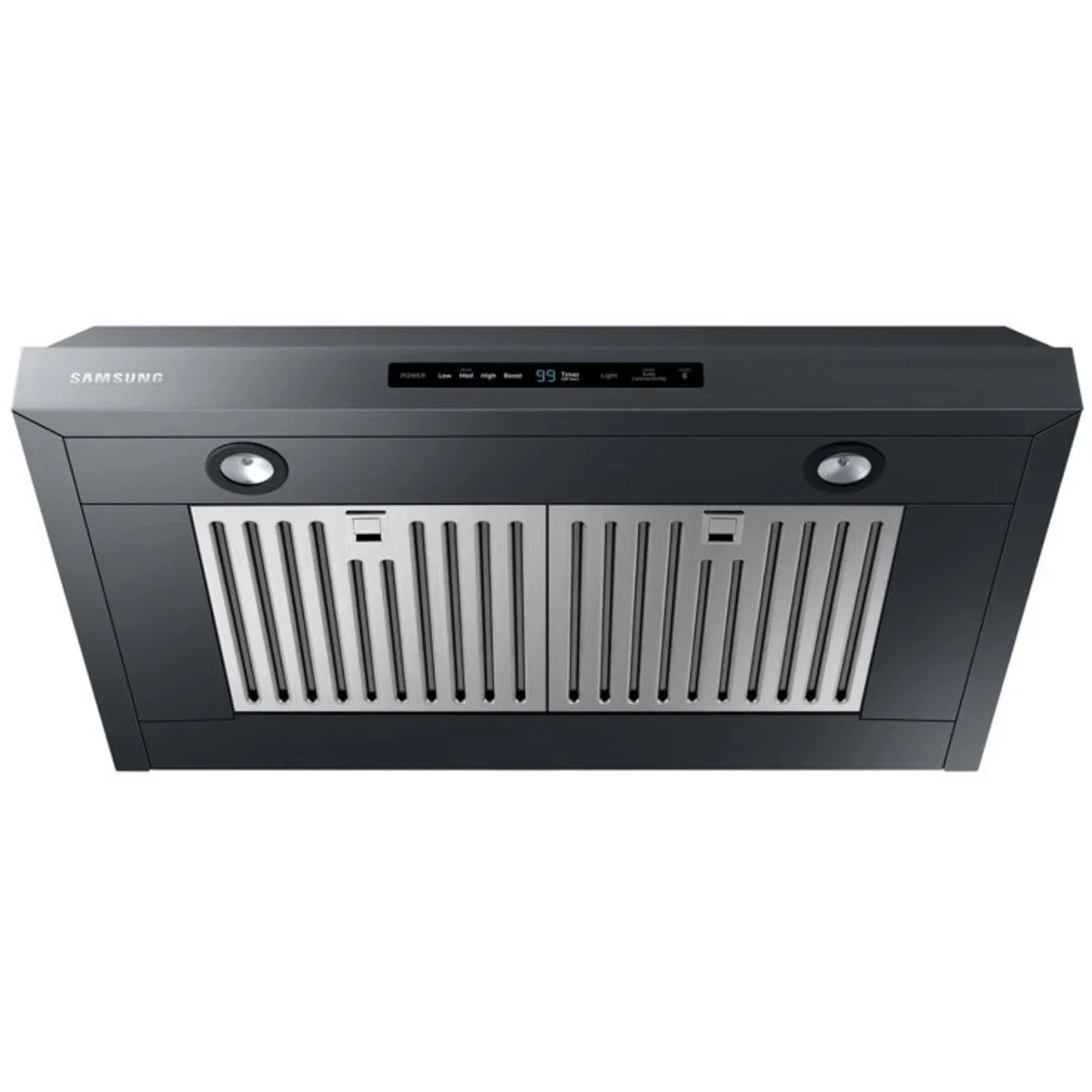 Samsung NK30N7000UG 30 Inch Under Cabinet Smart Range Hood with 4-Speed/390 CFM Blower, Digital Touch Control, LED Lighting, Removable Baffle Filter, Bluetooth®, Wi-Fi Monitoring, and ADA Compliant: Fingerprint Resistant Black Stainless Steel