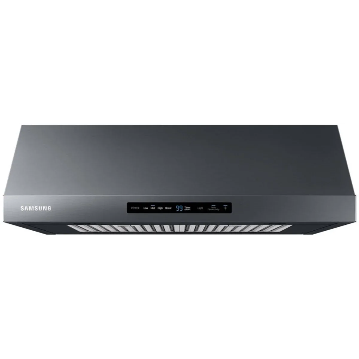 Samsung NK30N7000UG 30 Inch Under Cabinet Smart Range Hood with 4-Speed/390 CFM Blower, Digital Touch Control, LED Lighting, Removable Baffle Filter, Bluetooth®, Wi-Fi Monitoring, and ADA Compliant: Fingerprint Resistant Black Stainless Steel