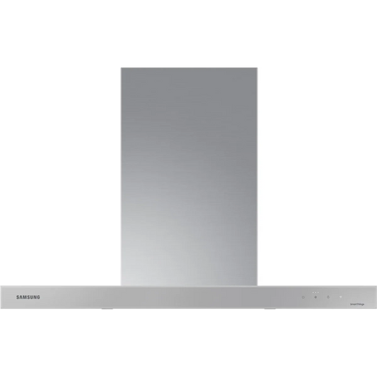 Samsung BESPOKE NK36CB600WCG 36 Inch Smart Wall Mount Chimney Range Hood with 630 CFM Fan, 4 Speeds, 52 dBA, Wi-Fi Connectivity, LED Bar Lighting, Touch Controls, Dishwasher Safe Baffle Filters, and ADA Compliance: Clean Grey Panel