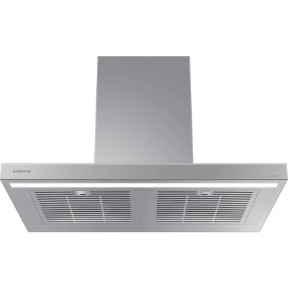 Samsung BESPOKE NK36CB600WCG 36 Inch Smart Wall Mount Chimney Range Hood with 630 CFM Fan, 4 Speeds, 52 dBA, Wi-Fi Connectivity, LED Bar Lighting, Touch Controls, Dishwasher Safe Baffle Filters, and ADA Compliance: Clean Grey Panel