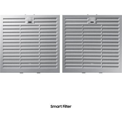 Samsung BESPOKE NK36CB600WCG 36 Inch Smart Wall Mount Chimney Range Hood with 630 CFM Fan, 4 Speeds, 52 dBA, Wi-Fi Connectivity, LED Bar Lighting, Touch Controls, Dishwasher Safe Baffle Filters, and ADA Compliance: Clean Grey Panel
