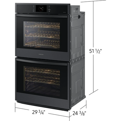 Samsung NV51CG600DMT 30 Inch Double Electric Smart Wall Oven with 10.2 cu. ft. Dual Convection Oven, Self+Steam Clean, Air Fry, Steam Cook, Air Sous Vide, Sabbath, and Gliding Rack: Matte Black Steel