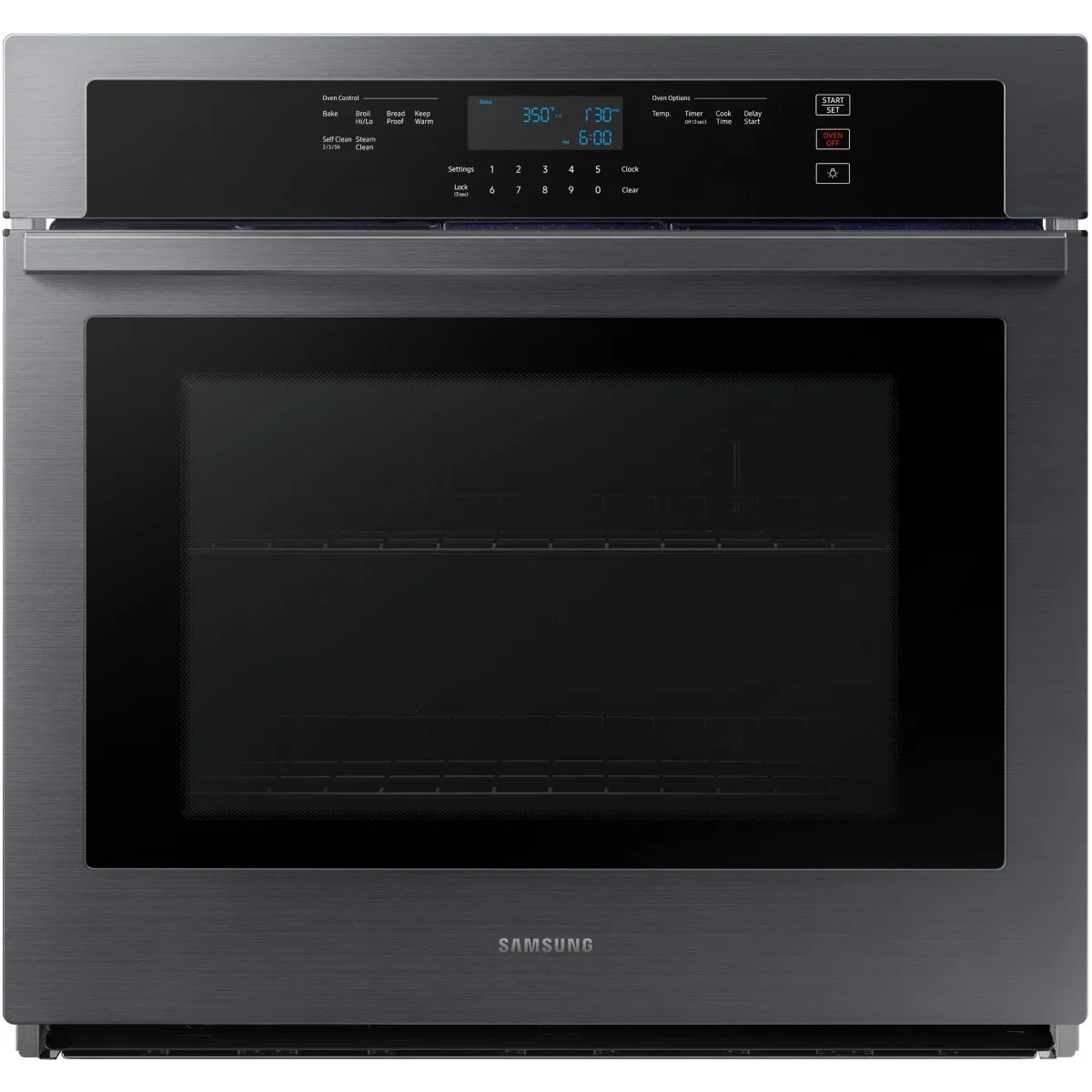 Samsung NV51T5511SG 30 Inch Single Wall Oven with 5.1 Cu. Ft. Capacity, WiFi, Digital Touch Controls, Blue Ceramic Interior, Delay Start, Broiler, Adjustable Racks, Steam/Self Clean, Child Lock, Sabbath Mode, and ADA Compliant: Black Stainless Steel