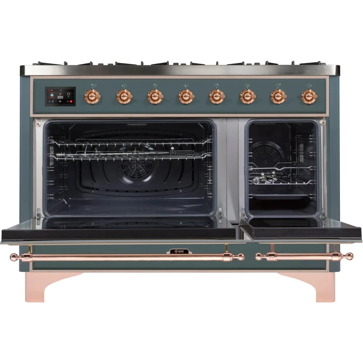 Ilve Majestic II Collection UM12FDNS3BGPLP 48 Inch Freestanding Dual Fuel Range with 8 Sealed Burners, 5.02 cu. ft. Total Capacity, Warming Drawer, and Griddle: Blue Grey, Copper Trim - LP