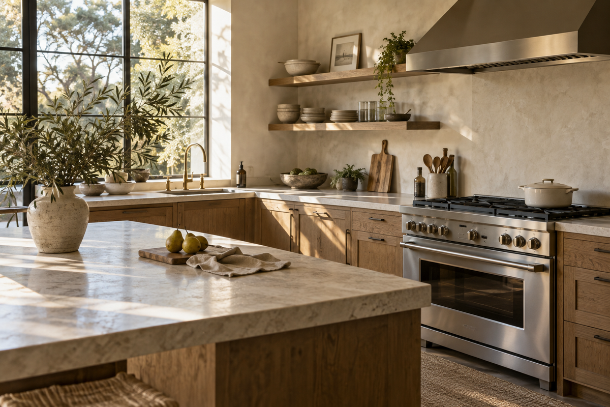 Kitchen inspiration with oak cabinets and warm natural light