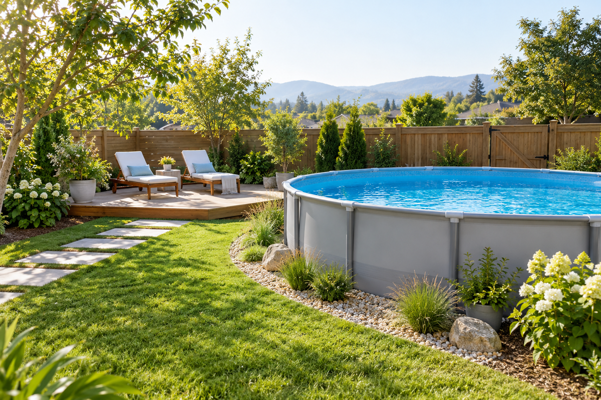 Poolside inspiration: an above-ground pool in a landscaped backyard
