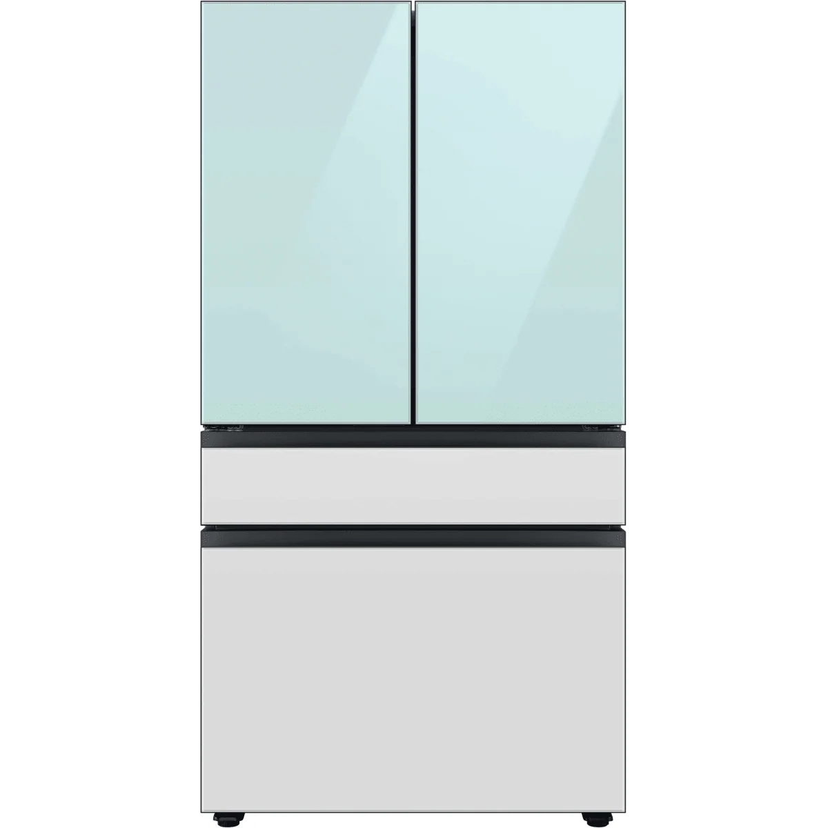 Samsung BESPOKE RF29BB86004M 36 Inch Smart 4-Door French Door Refrigerator with 29 cu. ft. Total Capacity, Beverage Center, FlexZone™ Drawer, Dual Auto Ice Maker, Wi-Fi, ADA: Morning Blue Glass Top Panel with White Glass Middle,Bottom Panels