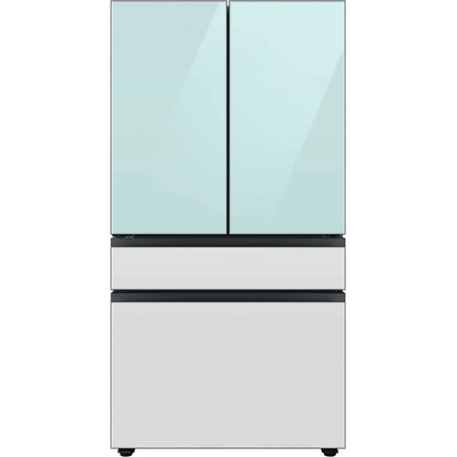 Samsung BESPOKE RF29BB86004M 36 Inch Smart 4-Door French Door Refrigerator with 29 cu. ft. Total Capacity, Beverage Center, FlexZone™ Drawer, Dual Auto Ice Maker, Wi-Fi, ADA: Morning Blue Glass Top Panel with White Glass Middle,Bottom Panels