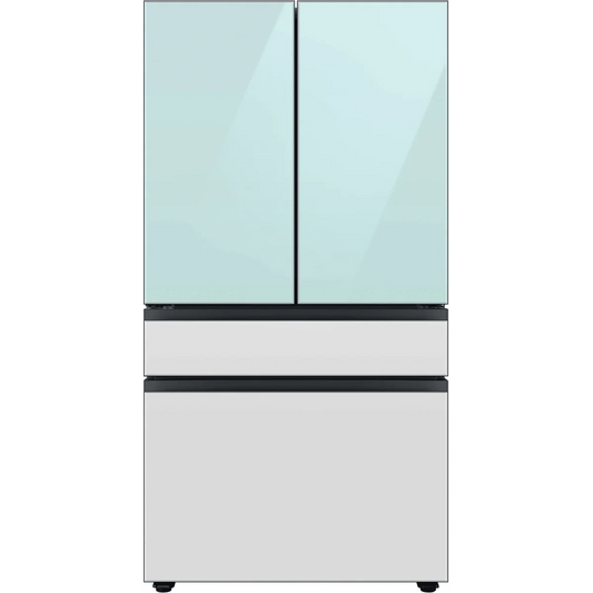 Samsung BESPOKE RF29BB86004M 36 Inch Smart 4-Door French Door Refrigerator with 29 cu. ft. Total Capacity, Beverage Center, FlexZone™ Drawer, Dual Auto Ice Maker, Wi-Fi, ADA: Morning Blue Glass Top Panel with White Glass Middle,Bottom Panels