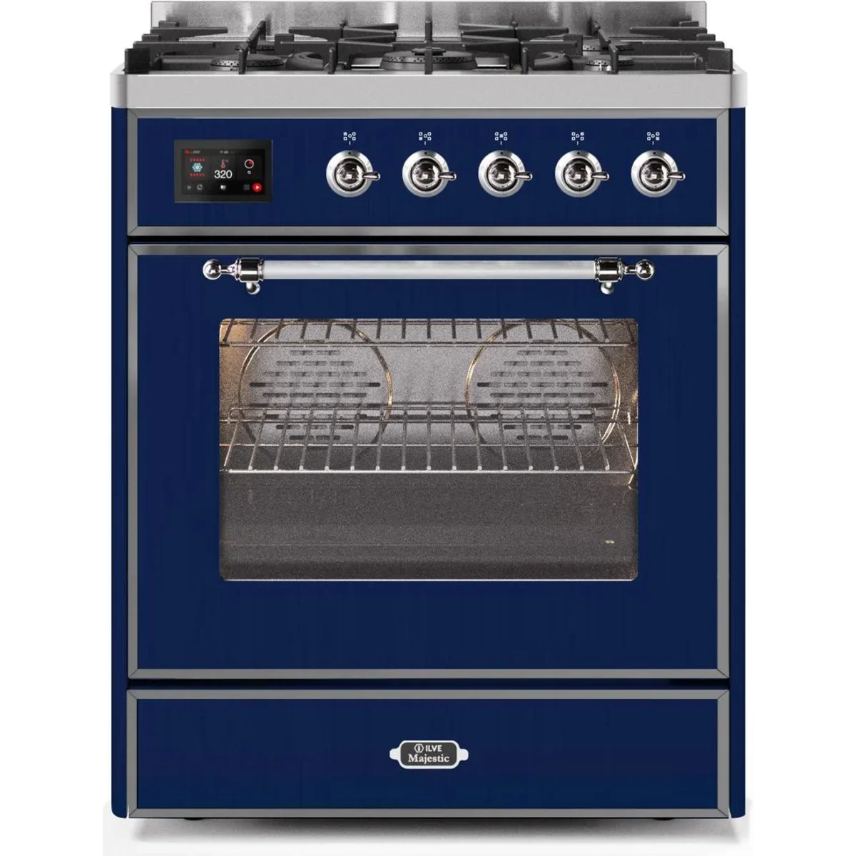 Ilve Majestic II Collection UM30DNE3MBC 30 Inch Freestanding Dual Fuel Range with 5 Sealed Burners, 4 cu. ft. Oven Capacity, Storage Drawer, and Fast Pre-heat: Midnight Blue, Chrome Trim (NG)