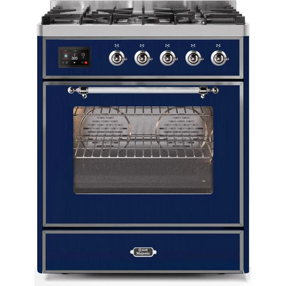 Ilve Majestic II Collection UM30DNE3MBC 30 Inch Freestanding Dual Fuel Range with 5 Sealed Burners, 4 cu. ft. Oven Capacity, Storage Drawer, and Fast Pre-heat: Midnight Blue, Chrome Trim (NG)