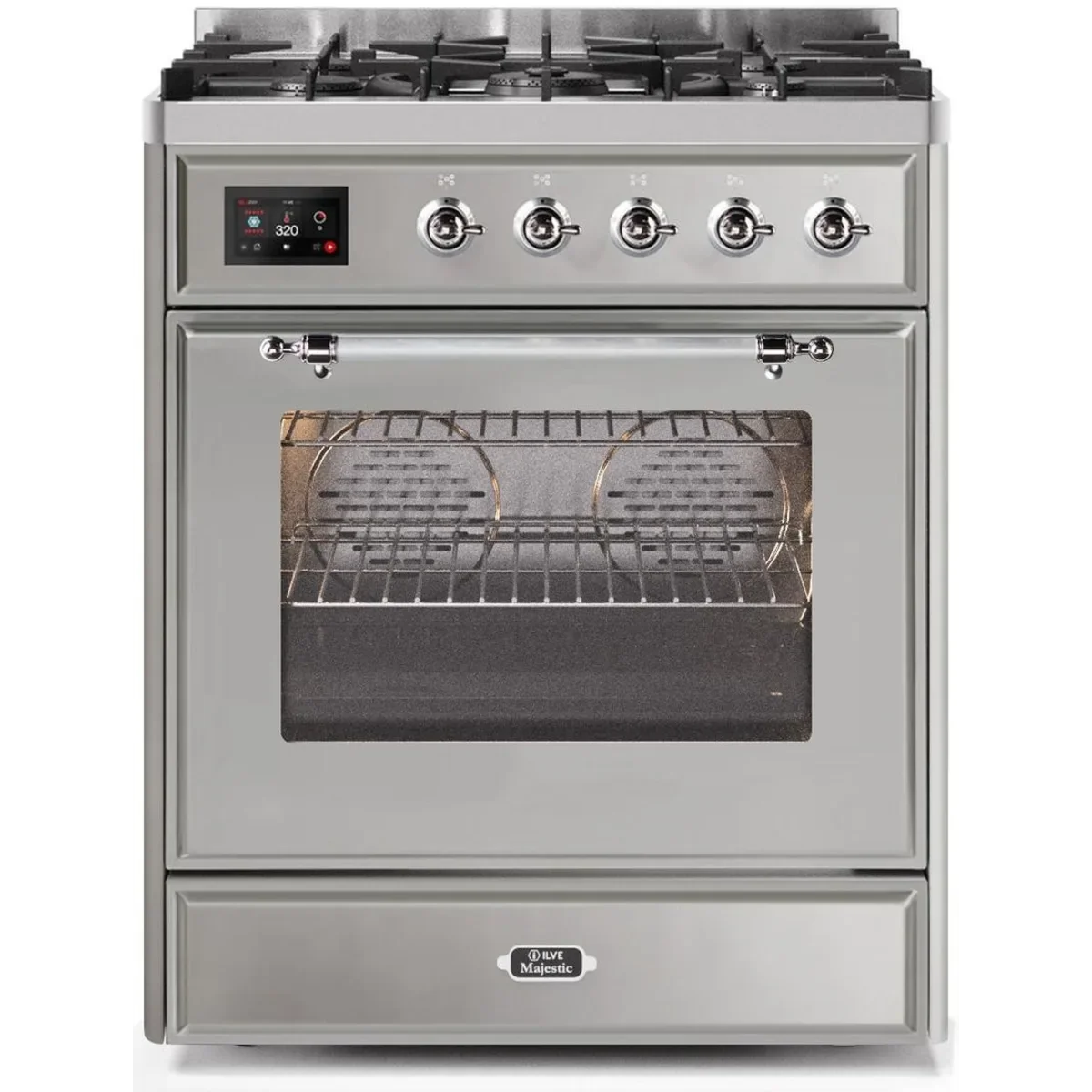 Ilve Majestic II Collection UM30DNE3SSC 30 Inch Freestanding Dual Fuel Range with 5 Sealed Burners, 4 cu. ft. Oven Capacity, Storage Drawer, and Fast Pre-heat: Stainless Steel, Chrome Trim (NG)
