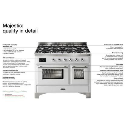 Ilve Majestic II Collection UM30DNE3SSC 30 Inch Freestanding Dual Fuel Range with 5 Sealed Burners, 4 cu. ft. Oven Capacity, Storage Drawer, and Fast Pre-heat: Stainless Steel, Chrome Trim (NG)