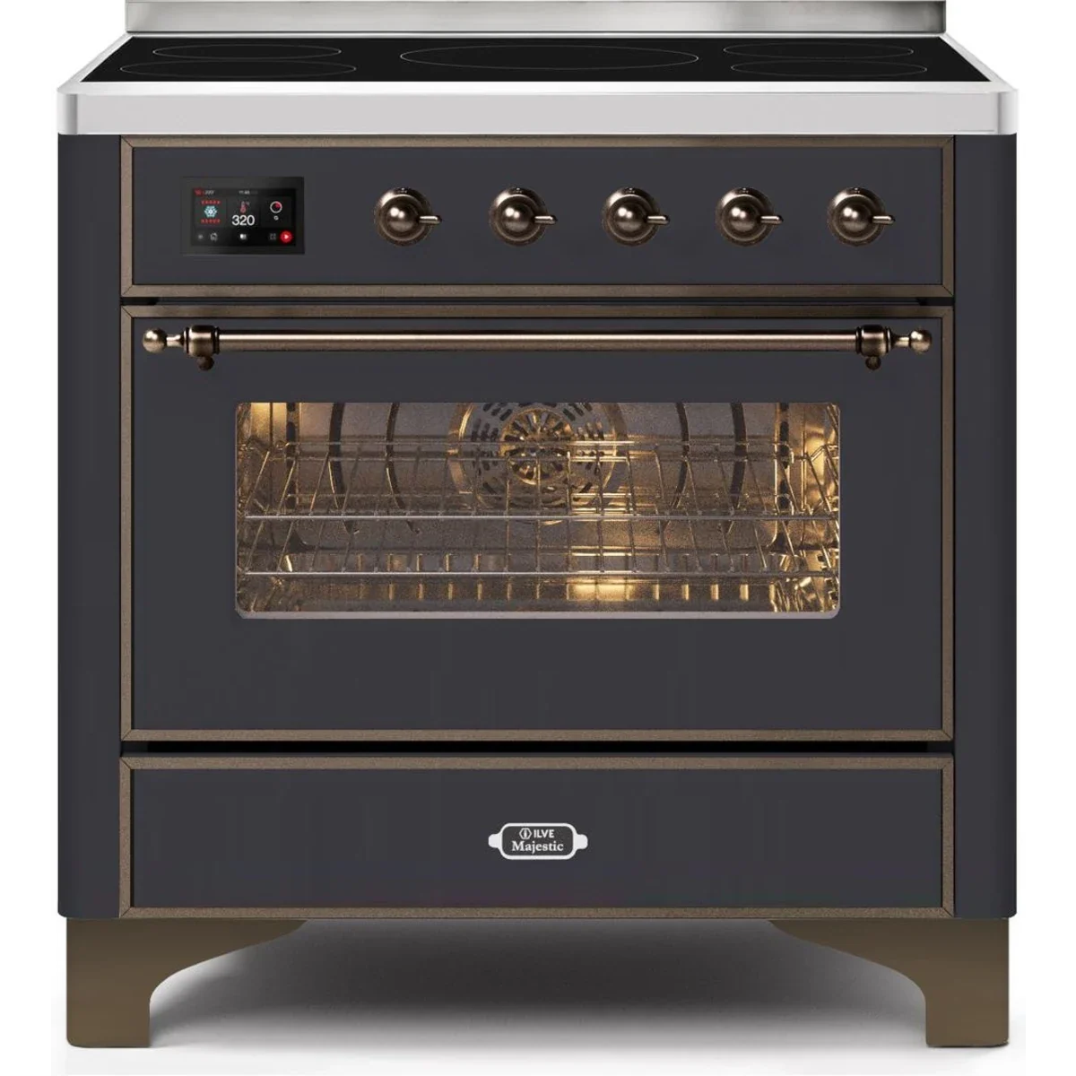 Ilve Majestic II Collection UMI09NS3MGB 36 Inch Freestanding Electric Induction Range with 5 Elements, 3.5 Cu. Ft. Capacity, Warming Drawer, Self-Clean, and Fast Pre-Heat: Matte Graphite, Burnished Trim