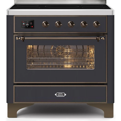 Ilve Majestic II Collection UMI09NS3MGB 36 Inch Freestanding Electric Induction Range with 5 Elements, 3.5 Cu. Ft. Capacity, Warming Drawer, Self-Clean, and Fast Pre-Heat: Matte Graphite, Burnished Trim