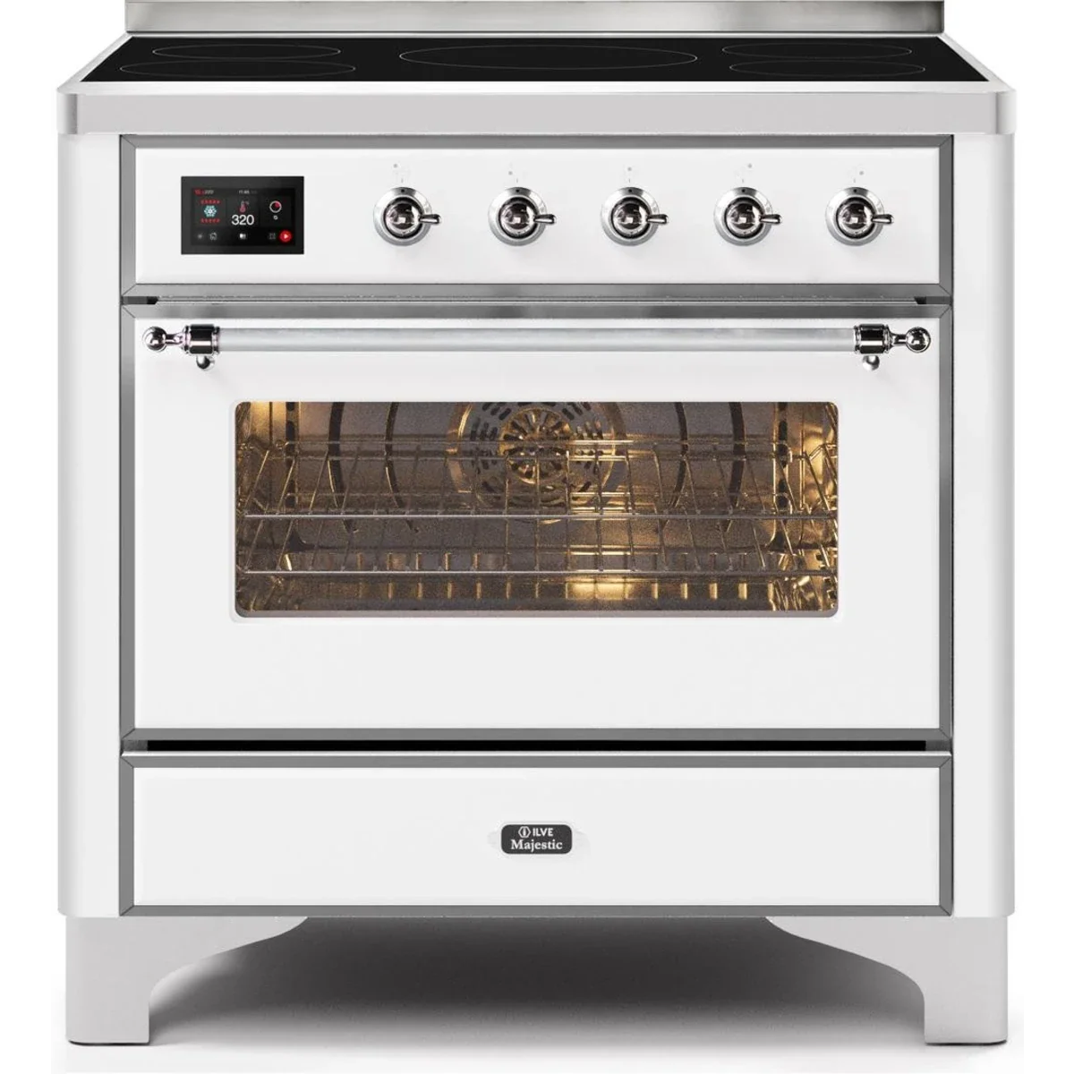 Ilve Majestic II Collection UMI09NS3WHC 36 Inch Freestanding Electric Induction Range with 5 Elements, 3.5 Cu. Ft. Capacity, Warming Drawer, Self-Clean, and Fast Pre-Heat: White, Chrome Trim