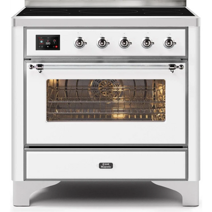 Ilve Majestic II Collection UMI09NS3WHC 36 Inch Freestanding Electric Induction Range with 5 Elements, 3.5 Cu. Ft. Capacity, Warming Drawer, Self-Clean, and Fast Pre-Heat: White, Chrome Trim