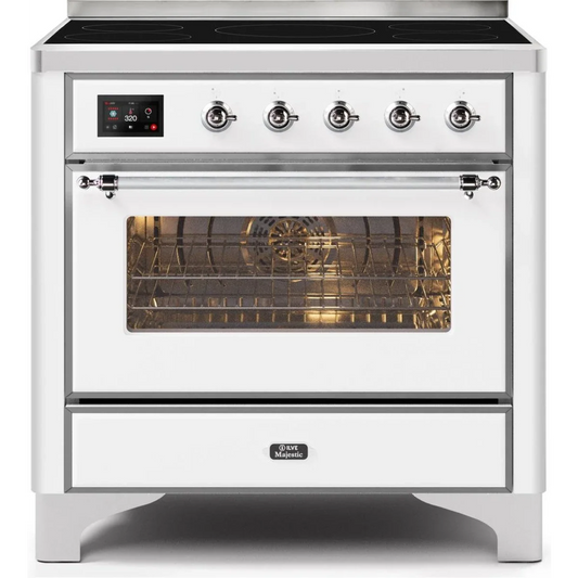 Ilve Majestic II Collection UMI09NS3WHC 36 Inch Freestanding Electric Induction Range with 5 Elements, 3.5 Cu. Ft. Capacity, Warming Drawer, Self-Clean, and Fast Pre-Heat: White, Chrome Trim