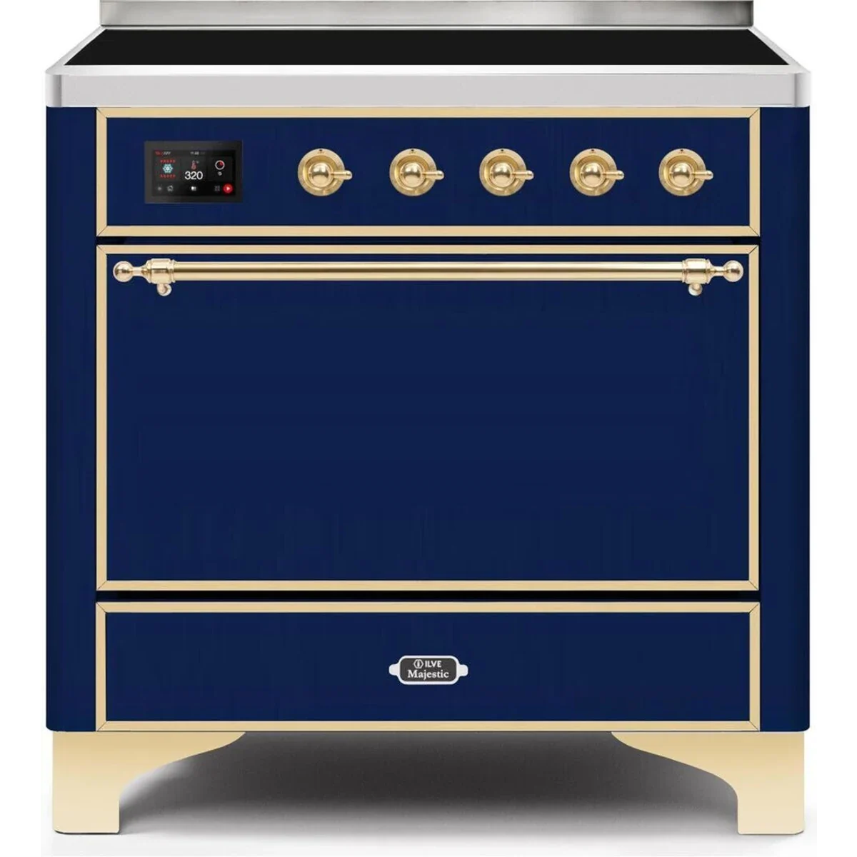 Ilve Majestic II Collection UMI09QNS3MBG 36 Inch Freestanding Induction Range with 5 Elements, 3.5 cu. ft. Oven Capacity, Convection, Warming Drawer, and Fast Pre-Heat: Midnight Blue with Brass Trim