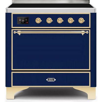 Ilve Majestic II Collection UMI09QNS3MBG 36 Inch Freestanding Induction Range with 5 Elements, 3.5 cu. ft. Oven Capacity, Convection, Warming Drawer, and Fast Pre-Heat: Midnight Blue with Brass Trim