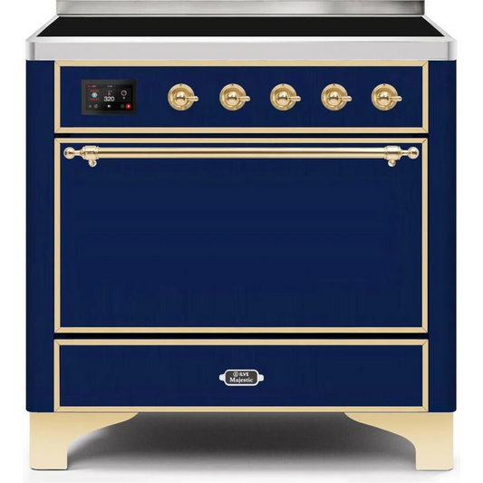 Ilve Majestic II Collection UMI09QNS3MBG 36 Inch Freestanding Induction Range with 5 Elements, 3.5 cu. ft. Oven Capacity, Convection, Warming Drawer, and Fast Pre-Heat: Midnight Blue with Brass Trim