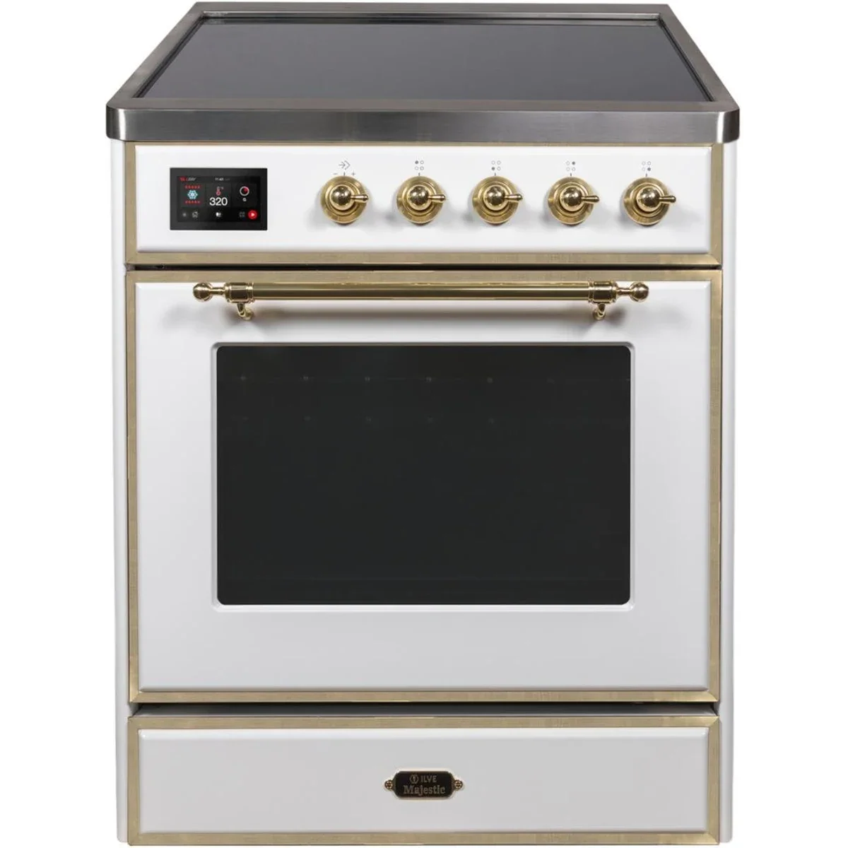 Ilve Majestic II Collection UMI30NE3WHG 30 Inch Freestanding Induction Range with 4 Elements, 3 Cu. Ft. Capacity, Storage Drawer, Self-Clean, and Convection Oven: White, Brass Trim