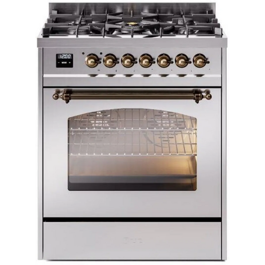 Ilve Nostalgie II Collection UP30NMPSSB 30 Inch Freestanding Dual Fuel Range with 5 Sealed Burners, 4 cu. ft. Oven Capacity, Storage Drawer, and Quick Start: Stainless Steel, Burnished Trim - NG