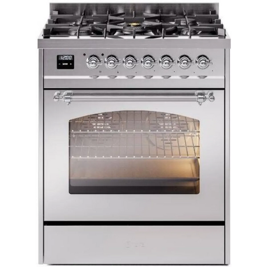 Ilve Nostalgie II Collection UP30NMPSSC 30 Inch Freestanding Dual Fuel Range with 5 Sealed Burners, 4 cu. ft. Oven Capacity, Storage Drawer, and Quick Start: Stainless Steel, Chrome Trim - NG