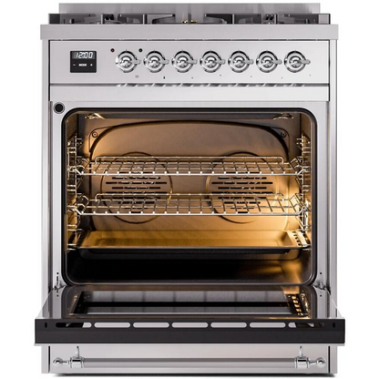 Ilve Nostalgie II Collection UP30NMPSSC 30 Inch Freestanding Dual Fuel Range with 5 Sealed Burners, 4 cu. ft. Oven Capacity, Storage Drawer, and Quick Start: Stainless Steel, Chrome Trim - NG