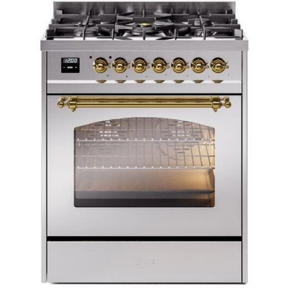 Ilve Nostalgie II Collection UP30NMPSSG 30 Inch Freestanding Dual Fuel Range with 5 Sealed Burners, 4 cu. ft. Oven Capacity, Storage Drawer, and Quick Start: Stainless Steel, Brass Trim - NG