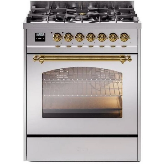 Ilve Nostalgie II Collection UP30NMPSSG 30 Inch Freestanding Dual Fuel Range with 5 Sealed Burners, 4 cu. ft. Oven Capacity, Storage Drawer, and Quick Start: Stainless Steel, Brass Trim - NG