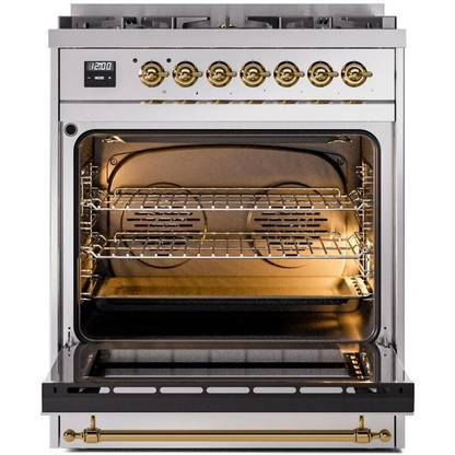 Ilve Nostalgie II Collection UP30NMPSSG 30 Inch Freestanding Dual Fuel Range with 5 Sealed Burners, 4 cu. ft. Oven Capacity, Storage Drawer, and Quick Start: Stainless Steel, Brass Trim - NG