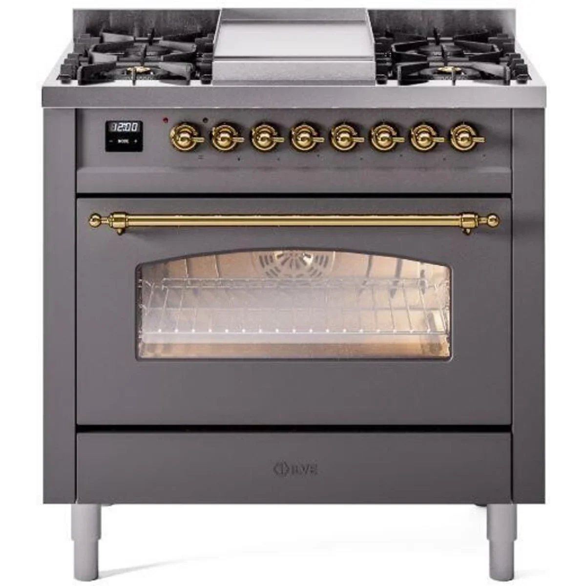 Ilve Nostalgie II Collection UP36FNMPMGG 36 Inch Freestanding Dual Fuel Range with 6 Sealed Burners, 3.5 cu. ft. Oven Capacity, Storage Drawer, Quick Start, Soft Closing Door and Griddle: Matte Graphite, Brass Trim