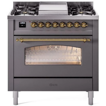 Ilve Nostalgie II Collection UP36FNMPMGG 36 Inch Freestanding Dual Fuel Range with 6 Sealed Burners, 3.5 cu. ft. Oven Capacity, Storage Drawer, Quick Start, Soft Closing Door and Griddle: Matte Graphite, Brass Trim