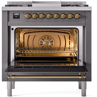 Ilve Nostalgie II Collection UP36FNMPMGG 36 Inch Freestanding Dual Fuel Range with 6 Sealed Burners, 3.5 cu. ft. Oven Capacity, Storage Drawer, Quick Start, Soft Closing Door and Griddle: Matte Graphite, Brass Trim