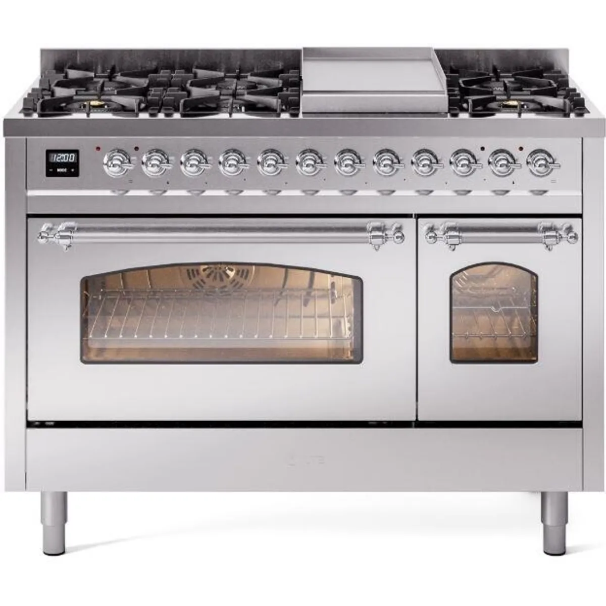 Ilve Nostalgie II Collection UP48FNMPSSC 48 Inch Freestanding Dual Fuel Range with 8 Sealed Burners, 5.02 cu. ft. Total Capacity, Storage Drawer, and Griddle: Stainless Steel, Chrome Trim