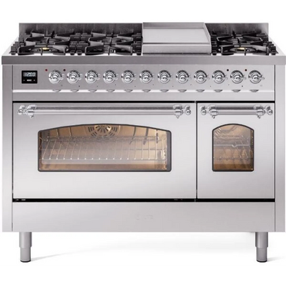 Ilve Nostalgie II Collection UP48FNMPSSC 48 Inch Freestanding Dual Fuel Range with 8 Sealed Burners, 5.02 cu. ft. Total Capacity, Storage Drawer, and Griddle: Stainless Steel, Chrome Trim