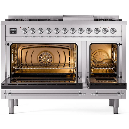 Ilve Nostalgie II Collection UP48FNMPSSC 48 Inch Freestanding Dual Fuel Range with 8 Sealed Burners, 5.02 cu. ft. Total Capacity, Storage Drawer, and Griddle: Stainless Steel, Chrome Trim