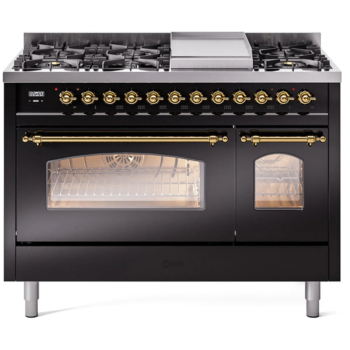 Ilve Nostalgie II Collection UP48FSNMPBKG 48 Inch Freestanding Dual Fuel Range with 5 Sealed Burners, 5.02 cu. ft. Total Capacity, Double Oven, Fry Top, Coup de Feu, Storage, 9 Oven Functions, Soft Closing Doors, Cast Iron Grates: Glossy Black, Brass Trim