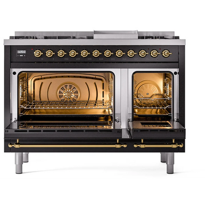 Ilve Nostalgie II Collection UP48FSNMPBKG 48 Inch Freestanding Dual Fuel Range with 5 Sealed Burners, 5.02 cu. ft. Total Capacity, Double Oven, Fry Top, Coup de Feu, Storage, 9 Oven Functions, Soft Closing Doors, Cast Iron Grates: Glossy Black, Brass Trim