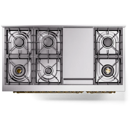 Ilve Nostalgie II Collection UP48FSNMPBKG 48 Inch Freestanding Dual Fuel Range with 5 Sealed Burners, 5.02 cu. ft. Total Capacity, Double Oven, Fry Top, Coup de Feu, Storage, 9 Oven Functions, Soft Closing Doors, Cast Iron Grates: Glossy Black, Brass Trim