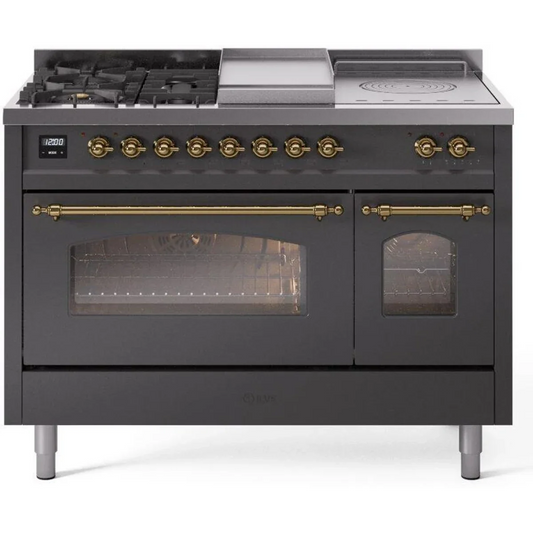 Ilve Nostalgie II Collection UP48FSNMPMGG 48 Inch Freestanding Dual Fuel Range with 5 Sealed Burners, 5.02 cu. ft. Total Capacity, Double Oven, Fry Top, Coup de Feu, Storage, 9 Oven Functions, Soft Closing Doors: Graphite Matte, Brass Trim
