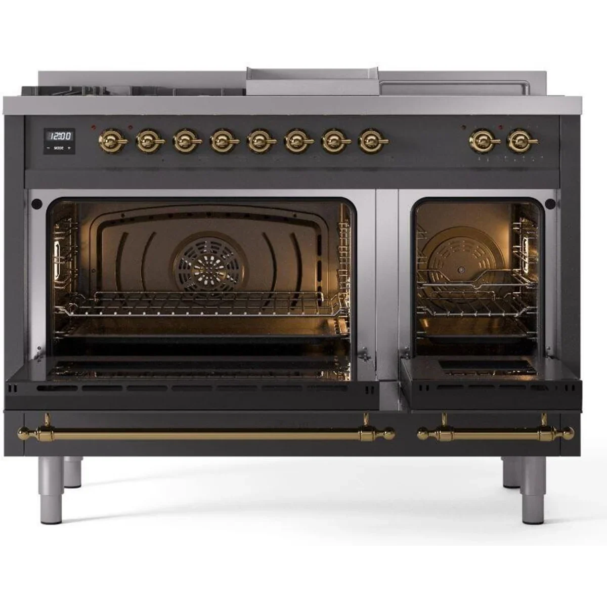Ilve Nostalgie II Collection UP48FSNMPMGG 48 Inch Freestanding Dual Fuel Range with 5 Sealed Burners, 5.02 cu. ft. Total Capacity, Double Oven, Fry Top, Coup de Feu, Storage, 9 Oven Functions, Soft Closing Doors: Graphite Matte, Brass Trim