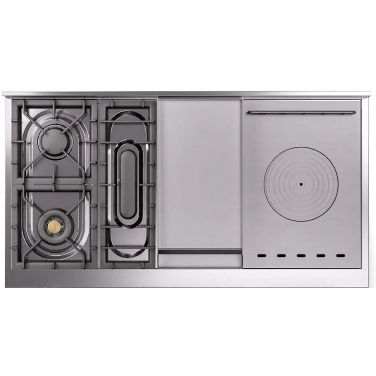 Ilve Nostalgie II Collection UP48FSNMPMGG 48 Inch Freestanding Dual Fuel Range with 5 Sealed Burners, 5.02 cu. ft. Total Capacity, Double Oven, Fry Top, Coup de Feu, Storage, 9 Oven Functions, Soft Closing Doors: Graphite Matte, Brass Trim