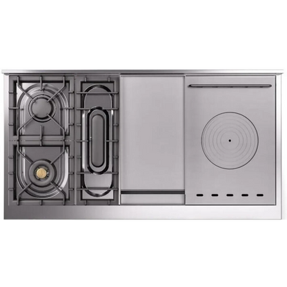 Ilve Nostalgie II Collection UP48FSNMPMGG 48 Inch Freestanding Dual Fuel Range with 5 Sealed Burners, 5.02 cu. ft. Total Capacity, Double Oven, Fry Top, Coup de Feu, Storage, 9 Oven Functions, Soft Closing Doors: Graphite Matte, Brass Trim