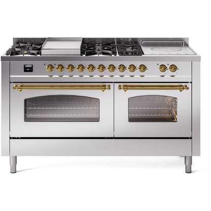 Ilve Nostalgie II Collection UP60FSNMPSSG 60 Inch Freestanding Dual Fuel Range with 7 Sealed Burners, 5.8 cu. ft. Total Capacity, Storage Drawer, Griddle, and French Top: Stainless Steel, Brass Trim, Triple Glass Door