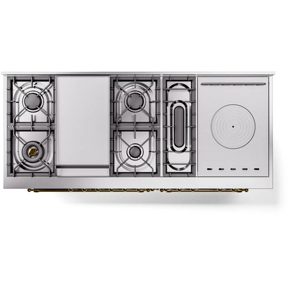 Ilve Nostalgie II Collection UP60FSNMPSSG 60 Inch Freestanding Dual Fuel Range with 7 Sealed Burners, 5.8 cu. ft. Total Capacity, Storage Drawer, Griddle, and French Top: Stainless Steel, Brass Trim, Triple Glass Door