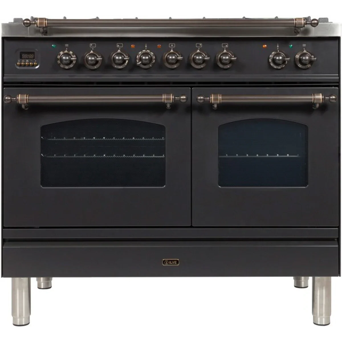 Ilve Nostalgie Collection UPDN100FDMPMYLP 40 Inch Freestanding Dual Fuel Range with 5 Sealed Burners, 3.98 cu. ft. Total Capacity, Storage Drawer, and Griddle: Matte Graphite/Bronze Trim - LP