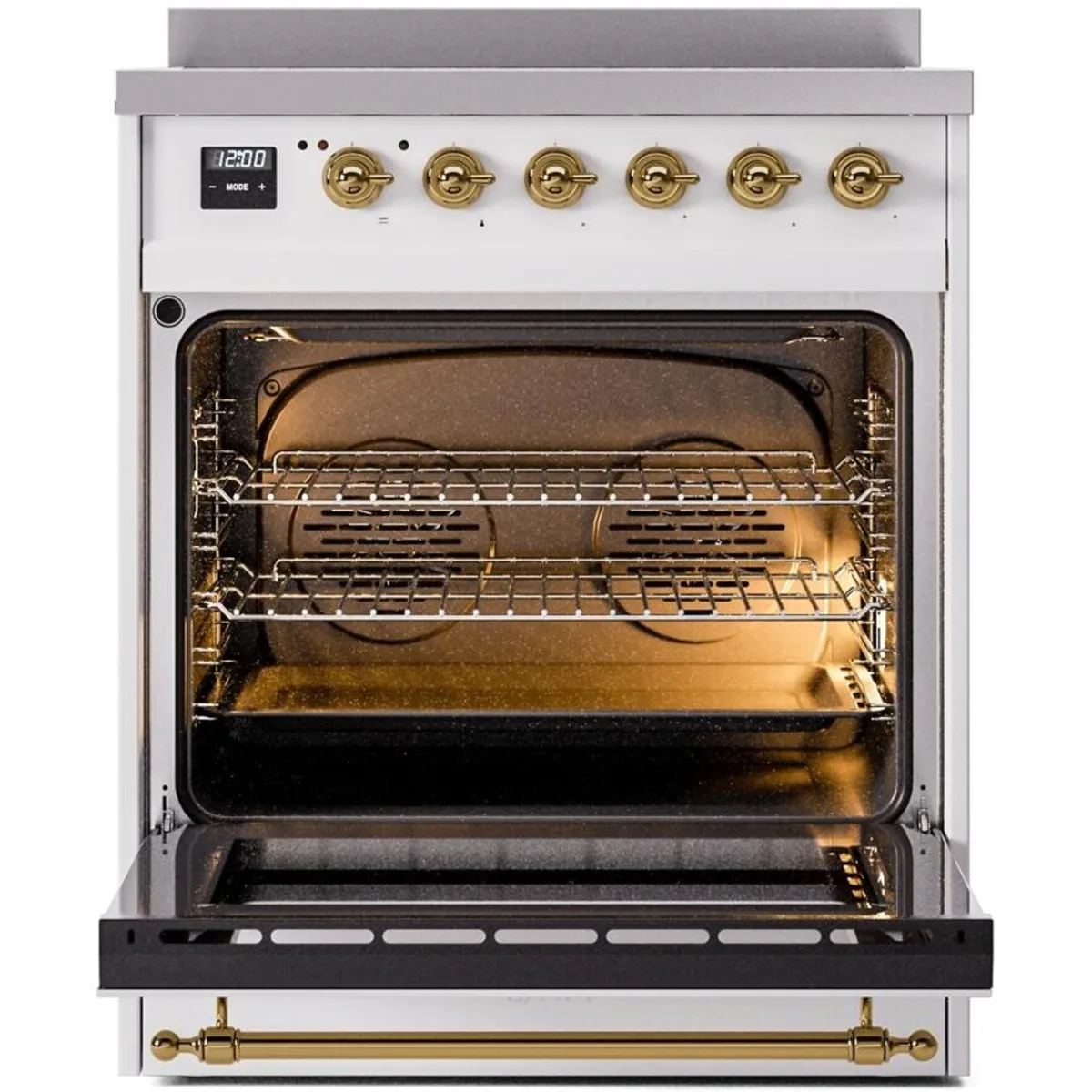 Ilve Nostalgie II Collection UPI304NMPWHG 30 Inch Freestanding Induction Range with 4 Elements, 4 Cu. Ft. Oven Capacity, Convection, Residual Heat Indicator, Booster Function, Storage Drawer, Fast Pre-Heat Mode, Defrost Function, White with Brass Trim