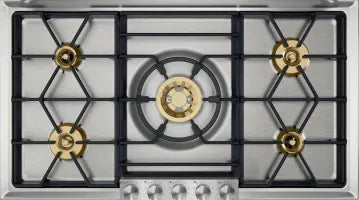 Gaggenau 200 Series VG295250CA 36 Inch Gas Cooktop with 5 Sealed Burners, Continuous Cast Iron Grates, Multi-Ring Burner, 9 Power Levels, Electric Ignition, Thermoelectric Safety Pilot, Residual Heat Indicator, and Integrated Control Panel: Natural Gas